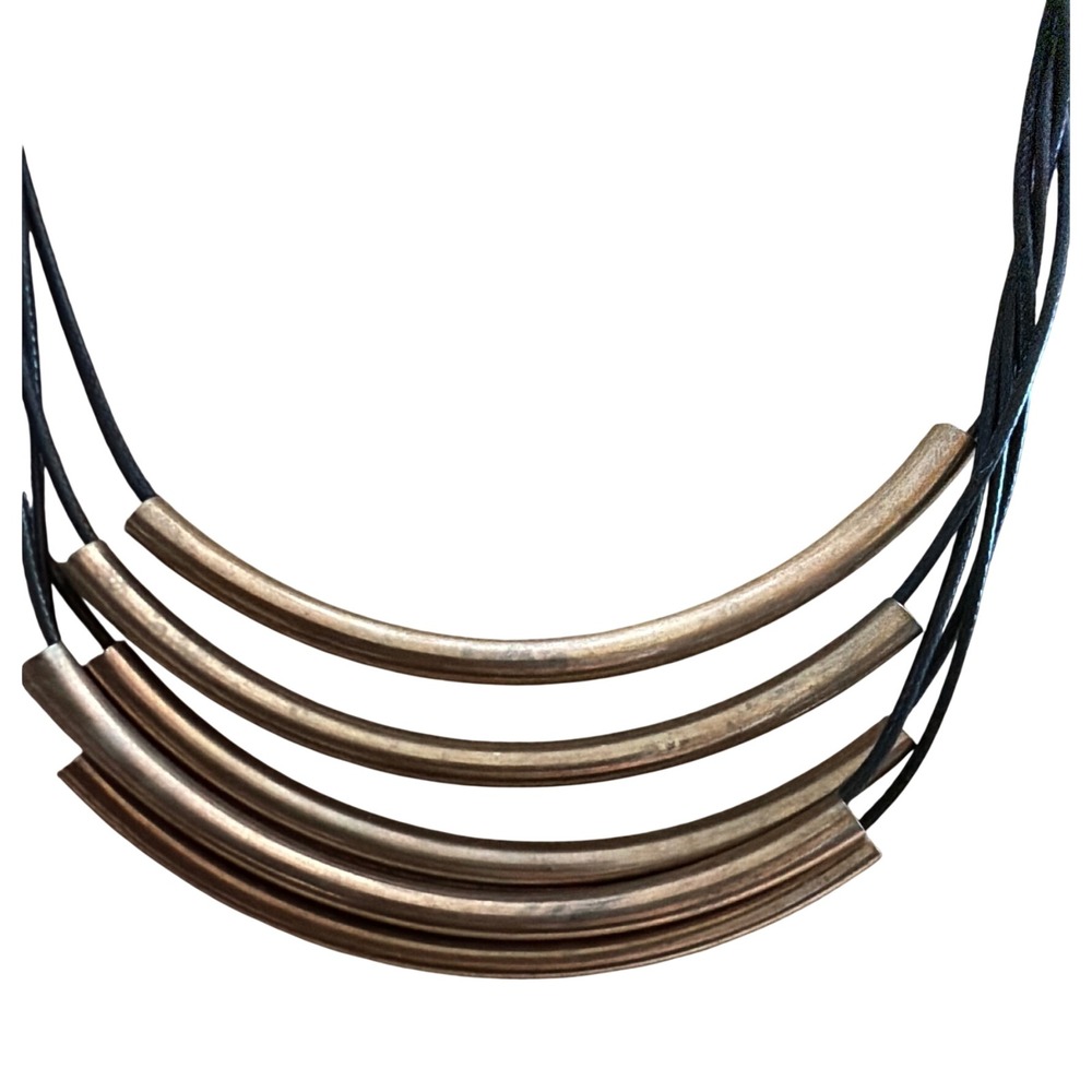 Copper Tone Tiered Tube Bib Necklace Black Multi Strand Cord Mixed Metal